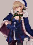  1girl artoria_pendragon_(fate) bag bangs black_legwear blue_cape blue_dress blue_gloves blue_hair blue_headwear brown_eyes cape closed_mouth cowboy_shot dress excalibur_morgan_(fate) eyebrows_visible_through_hair fate/grand_order fate_(series) fur-trimmed_cape fur-trimmed_dress fur-trimmed_headwear fur_trim gift_bag gloves grey_background hair_between_eyes hand_on_hilt hat holding holding_bag long_hair long_sleeves looking_at_viewer pantyhose santa_alter santa_hat shiny shiny_hair short_dress sidelocks simple_background solo standing yoshikawa100 