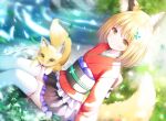  1girl animal animal_ear_fluff animal_ears black_skirt blonde_hair blush brown_eyes closed_mouth day feet_out_of_frame fox fox_ears fox_girl fox_tail hair_ornament japanese_clothes kimono long_sleeves looking_at_viewer murano obi original outdoors pleated_skirt red_kimono river sash sitting skirt smile solo tail thigh-highs water white_legwear 