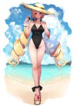  1girl aki_rosenthal beach blonde_hair blue_sky breasts closed_mouth clouds commentary_request day detached_hair drill_hair full_body hat highres holding holding_eyewear hololive legs long_hair looking_at_viewer medium_breasts mikan_(chipstar182) ocean one-piece_swimsuit sandals sky smile solo straw_hat sunglasses swimsuit thighs toenails toes twin_drills twintails very_long_hair violet_eyes virtual_youtuber 