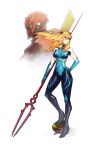  1girl alternate_costume alternate_hair_color bangs blonde_hair blue_bodysuit blue_eyes bodysuit breasts closed_mouth cosplay covered_navel full_body hair_ornament hand_on_hip highres holding holding_polearm holding_spear holding_weapon lokii long_hair looking_away medium_breasts metroid metroid_(creature) mole mole_under_mouth neon_genesis_evangelion pilot_suit plugsuit polearm samus_aran serious simple_background solo souryuu_asuka_langley souryuu_asuka_langley_(cosplay) spear standing weapon 