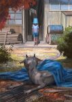  1other ambiguous_gender arizuka_(13033303) bangs barefoot blanket blue_shirt bucket bucket_on_head commentary_request creature day dragon dragon_tail highres house injury lying object_on_head original outdoors rural scenery shirt short_sleeves shorts solo standing tail 
