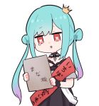  1girl aqua_hair black_dress butterfly-shaped_pupils crown detached_collar double_bun dress gradient_hair hololive mini_crown multicolored_hair pink_hair red_eyes sakana_(saka11205) sash solo tears tilted_headwear translation_request twintails uruha_rushia virtual_youtuber wrist_cuffs 