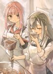  2girls apron closed_eyes cooking grey_hair hairband jewelry kamihama_university_affiliated_school_uniform kitchen kureha_yuna kym long_hair magia_record:_mahou_shoujo_madoka_magica_gaiden mahou_shoujo_madoka_magica multiple_girls pink_hair pot ring school_uniform sleeves_rolled_up smile tamaki_iroha tasting 