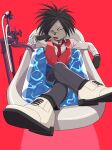  1boy absurdres bathtub black_pants clothed_bath commentary crossed_legs cuffs enkadesukedo furry handcuffs highres long_sleeves messy_hair odd_taxi pants red_background red_neckwear red_vest simple_background sink tongue vest water white_footwear yano_(odd_taxi) 