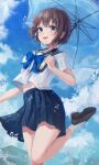  1girl absurdres bangs blue_bow blue_eyes blue_sailor_collar blue_sky blush bow brown_footwear brown_hair clouds commentary day english_commentary eunyoo eyebrows_visible_through_hair foot_out_of_frame highres holding holding_umbrella huge_filesize looking_at_viewer open_mouth original outdoors sailor_collar school_uniform serafuku shirt shoes short_hair short_sleeves sky smile socks solo standing standing_on_one_leg transparent transparent_umbrella umbrella white_legwear white_shirt 