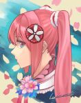  1girl closed_mouth flower from_side hair_ornament hatsune_miku long_hair looking_at_viewer looking_to_the_side luicent pink_eyes pink_flower pink_hair portrait profile sakura_miku sideways_glance signature solo vocaloid 