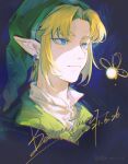  1boy artist_name bangs baomianzi black_background blonde_hair blue_background blue_eyes closed_mouth dated earrings fairy green_headwear green_shirt highres jewelry link parted_bangs pointy_ears shirt the_legend_of_zelda 