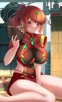  1girl absurdres bangs breasts chest_jewel earrings highres jewelry large_breasts nithros pyra_(xenoblade) red_eyes red_legwear red_shorts redhead short_hair short_shorts shorts solo swept_bangs thigh-highs tiara xenoblade_chronicles_(series) xenoblade_chronicles_2 