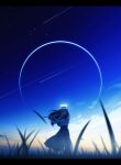  1girl absurdres bangs black_hair closed_eyes eyebrows_visible_through_hair flute flute_(kidatsu) grass halo highres instrument long_hair long_skirt long_sleeves moon nengoro new_moon original playing_flute shirt shooting_star signature skirt solo star_(sky) 