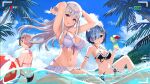  3girls absurdres arm_strap ass bikini black_bikini black_ribbon blue_eyes blue_hair blue_sky cc1051917032 clouds criss-cross_halter cup emilia_(re:zero) floating_hair flower frilled_bikini frills hair_flower hair_ornament hair_over_one_eye hair_ribbon halterneck head_wreath highres holding holding_cup long_hair looking_at_viewer looking_back multi-strapped_bikini multiple_girls outdoors palm_tree partially_underwater_shot pink_hair pink_ribbon ram_(re:zero) re:zero_kara_hajimeru_isekai_seikatsu red_bikini red_eyes red_ribbon rem_(re:zero) ribbon shiny shiny_hair short_hair shoulder_blades silver_hair sky summer swimsuit thigh_strap tree very_long_hair violet_eyes water white_bikini white_flower 