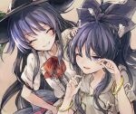  2girls bangle blue_eyes blue_hair blush bow bracelet center_frills closed_eyes debt eyebrows_visible_through_hair food-themed_hair_ornament frills hair_between_eyes hair_bow hair_ornament hand_on_another&#039;s_head hat hinanawi_tenshi hisona_(suaritesumi) hood hoodie jewelry long_hair multiple_girls one_eye_closed open_mouth peach_hair_ornament puffy_short_sleeves puffy_sleeves red_neckwear red_ribbon ribbon short_sleeves smile tears touhou yorigami_shion 