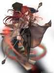  1girl black_legwear black_skirt breasts brown_coat closed_mouth coat eyepatch highres holding holding_weapon hwa_ryun leenim long_coat long_hair looking_at_viewer lord_of_dice official_art one_eye_covered open_clothes open_coat red_eyes redhead shirt skirt solo tower_of_god very_long_hair weapon white_background white_shirt 