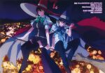  1boy 1girl absurdres artbook black_legwear blurry bokeh bow bowtie breasts broom broom_riding cape city city_lights company_name copyright_name depth_of_field full_body green_bow green_neckwear hat highres huge_breasts kagari_ayaka loafers night official_art outdoors red_cape scan shoes sideways_glance sky star_(sky) starry_sky takamiya_honoka thigh-highs witch witch_craft_works witch_hat zettai_ryouiki 