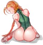  1girl ahoge ass blonde_hair blue_eyes braid cammy_white closed_mouth green_leotard leotard long_hair looking_at_viewer nyantiu scar simple_background solo street_fighter street_fighter_ii_(series) thong_leotard white_background 