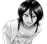  1girl bent_over black_hair bleach blush breasts collarbone daraz18aka downblouse dress greyscale hair_between_eyes hands_on_own_knees kuchiki_rukia looking_at_viewer monochrome open_mouth short_hair simple_background small_breasts solo white_background 