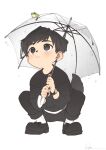  1boy animal_ears bangs black_eyes black_footwear black_hair black_pants black_shirt blush dog_boy dog_ears dog_nose dog_tail droplet earrings frog highres holding holding_umbrella jewelry long_sleeves original pants ryota_(ry_o_ta) shirt shoes short_hair signature simple_background socks solo squatting tail transparent transparent_umbrella umbrella watch watch water white_background white_legwear 