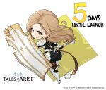  1girl armor ass back blonde_hair brown_eyes chibi copyright copyright_name countdown english_text kisara_(tales) logo long_hair mace official_art open_mouth shield solo tales_of_(series) tales_of_arise weapon 