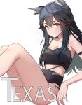 1girl animal_ears arknights arm_strap bangs bare_shoulders black_hair brown_eyes camisole crop_top feet_out_of_frame hair_between_eyes highres knees_up long_hair looking_at_viewer midriff simple_background sitting solo spaghetti_strap texas_(arknights) thighs white_background wolf_ears x_nuan 