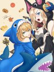  2girls absurdres animal_costume bangs bat_costume blonde_hair blue_eyes blush breasts demon_girl grand_admiral_marina green_eyes guardian_tales hair_over_one_eye highres horns kadiel looking_at_viewer medium_breasts multiple_girls noble_succubus_bianca open_mouth shark_costume sleeveless 