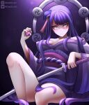  1girl absurdres bangs breasts closed_mouth commentary daaddo english_commentary eyes_in_shadow genshin_impact hair_ornament highres holding holding_sword holding_weapon japanese_clothes katana kimono large_breasts long_hair long_sleeves looking_at_viewer mole mole_under_eye purple_background purple_hair raiden_shogun solo sword tassel violet_eyes vision_(genshin_impact) weapon wide_sleeves 