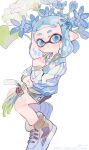  1girl aspara blue_eyes blue_hair closed_mouth flower full_body grey_shorts hair_flower hair_ornament highres holding holding_flower inkling jacket looking_at_viewer pointy_ears short_hair shorts simple_background source_request splatoon_(series) splatoon_2 tentacle_hair white_background white_footwear white_jacket 