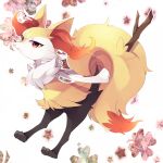  braixen closed_mouth commentary_request full_body gen_6_pokemon kirimi_maguro orange_eyes outline pokemon pokemon_(creature) solo stick toes white_fur yellow_fur 