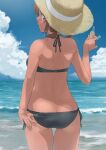  1girl 9so_(ponchon) adjusting_clothes adjusting_swimsuit ass beach bikini black_bikini blush breasts brown_hair butt_crack funami_yui hat highres looking_at_viewer looking_back ocean outdoors shiny shiny_hair shiny_skin short_hair shoulder_blades side-tie_bikini sky small_breasts solo straw_hat swimsuit yuru_yuri 