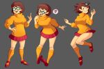  !? black-framed_eyewear breasts brown_hair eyebrows_visible_through_hair eyewear_on_head flowers-imh full_body glasses hand_on_hip highres multiple_views orange_shirt orange_sweater scooby-doo shirt short_hair skirt sweater turtleneck turtleneck_sweater velma_dace_dinkley 