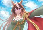  1girl animal_ears answering blue_sky breasts brown_hair cape clouds commentary_request day epaulettes green_jacket highres horse_ears horse_girl jacket light_smile long_hair military military_jacket military_uniform multicolored_hair outdoors outstretched_arm red_cape selfie sky small_breasts solo streaked_hair symboli_rudolf_(umamusume) tassel two-tone_hair umamusume uniform upper_body violet_eyes white_hair white_neckwear 