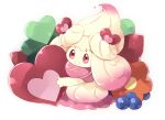  alcremie alcremie_(love_sweet) berry commentary_request gen_8_pokemon heart holding kirimi_maguro looking_at_viewer no_humans open_mouth pokemon pokemon_(creature) red_eyes smile solo sweet 