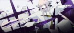  1girl :/ bangs closed_mouth cowboy_shot cube cuicuijiao dutch_angle english_text eyebrows_visible_through_hair grey_background grey_hair hair_ornament highres jacket long_hair long_sleeves looking_at_viewer original sidelocks solo symbol-only_commentary t-pose violet_eyes white_jacket 