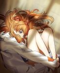  1girl bangs blue_eyes brown_hair coat eyebrows_visible_through_hair fetal_position headgear highres long_hair long_sleeves neon_genesis_evangelion shiny shiny_skin solo souryuu_asuka_langley to_l1206 very_long_hair white_coat 