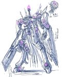  arm_cannon arrow_(symbol) highres mecha official_art open_hand production_art shadow silhouette size_comparison sketch solo_focus standing tenjin_hidetaka weapon white_background yasuke_(anime) 