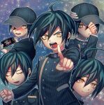 1boy ahoge bangs brown_eyes buttons closed_eyes closed_mouth commentary_request danganronpa_(series) danganronpa_v3:_killing_harmony double-breasted esu_(tasoesu) foreshortening hair_between_eyes hat holding holding_phone jacket long_sleeves looking_at_viewer male_focus multicolored multicolored_background multiple_views open_mouth phone saihara_shuuichi short_hair smile striped striped_jacket sweat teeth 