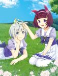  2girls animal_ears back_bow bangs blue_eyes blue_shirt blue_sky blunt_bangs bow brown_hair character_request closed_mouth clouds cloudy_sky clover commentary_request day ear_covers ear_ribbon eyebrows_visible_through_hair flower frilled_skirt frills grass hairband head_rest holding horse_ears kuonkimi looking_at_another lying medium_skirt multiple_girls nice_nature_(umamusume) nishino_flower_(umamusume) on_stomach open_mouth outdoors pleated_skirt puffy_short_sleeves puffy_sleeves purple_bow purple_hairband purple_neckwear sailor_collar school_uniform shirt short_hair short_sleeves silver_hair sitting skirt sky smile thigh-highs tracen_school_uniform umamusume violet_eyes wariza white_flower white_legwear white_sailor_collar white_skirt 