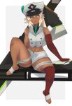  1girl absurdres bandaged_arm bandages blonde_hair clover dark-skinned_female dark_skin djames four-leaf_clover guilty_gear guilty_gear_strive hat highres military_hat ramlethal_valentine thick_thighs thighs yellow_eyes 