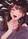  1girl :o bangs braid copyright_request enkadesukedo hair_over_shoulder highres japanese_clothes kimono long_hair looking_at_viewer pointing pointing_at_self red_eyes solo tied_hair tongue tongue_out upper_body 