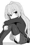  1girl aisaka_taiga blush closed_mouth feet_out_of_frame from_side greyscale highres hugging_own_legs long_hair looking_at_viewer looking_to_the_side miniskirt monochrome no_shoes shirt simple_background skirt smile solo thigh-highs toradora! wagashi_(dagashiya) white_background 