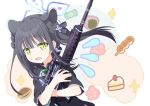  1girl animal_ear_fluff animal_ears bangs black_dress black_hair blue_archive blunt_bangs cake china_dress chinese_clothes dress eyebrows_visible_through_hair flying_sweatdrops food green_eyes gun highres long_hair object_hug open_mouth ribbon rifle short_sleeves shun_(blue_archive) solo tiger_ears tiger_girl twintails upper_body weapon weapon_request zundamochi_(pixiv13535730) 