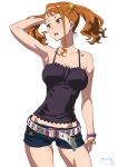  1girl anjou_naruko ano_hi_mita_hana_no_namae_wo_bokutachi_wa_mada_shiranai. arm_at_side arm_up armpits asymmetrical_bangs bangs bare_arms bare_shoulders belt black_camisole blue_shorts bracelet breasts brown_eyes brown_hair camisole chemise collarbone commentary_request denim denim_shorts earrings hand_in_hair highres jewelry large_breasts long_hair looking_to_the_side open_mouth revision short_shorts shorts simple_background solo standing suna twintails white_background 