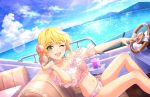  blonde_hair blush dress green_eyes idolmaster_cinderella_girls_starlight_stage miyamoto_frederica short_hair smile wink 