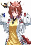  1girl absurdres agnes_tachyon_(umamusume) ahoge animal_ears black_neckwear black_shirt blush bottle breasts brown_hair coat commentary_request cross-z_dragon fullbottle highres holding holding_bottle horse_ears horse_girl horse_tail kagaya_523 kamen_rider kamen_rider_build_(series) labcoat looking_at_viewer medium_breasts necktie open_mouth red_eyes shirt short_necktie sleeves_past_wrists smile solo tail test_tube umamusume upper_body vest white_background white_coat yellow_vest 