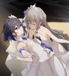  2girls absurdres black_hair blue_eyes blue_hair bronya_zaychik chinese_commentary closed_eyes closed_mouth collarbone colored_inner_hair commentary_request dipping dress earrings elbow_gloves flower gloves grey_hair hair_flower hair_ornament highres honkai_(series) honkai_impact_3rd jewelry kuo_(kuo114514) light_particles long_hair looking_at_another multicolored_hair multiple_girls purple_flower ring seele_vollerei short_hair strapless strapless_dress white_dress white_flower white_gloves yuri 