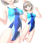  1girl absurdres bangs barefoot blue_eyes blue_swimsuit breasts collarbone commentary_request competition_swimsuit covered_navel double_v full_body grey_hair highres jumping looking_at_viewer love_live! love_live!_superstar!! medium_breasts multiple_views one-piece_swimsuit open_mouth parted_bangs round_teeth short_hair simple_background swimsuit takafumi tang_keke teeth upper_teeth v white_background zoom_layer 