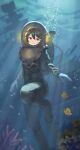 1girl air_bubble alternate_costume brown_eyes brown_hair bubble cannon diving_helmet diving_suit fish haruna_(kancolle) helmet highres kantai_collection oxygen_tank shipwreck solo tunguu turret underwater 