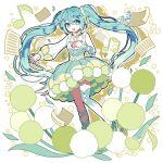  1girl :d aqua_eyes aqua_hair bangs commentary_request dandelion dress eighth_note flower green_dress green_flower hand_on_own_chest hatsune_miku leaf leg_ribbon long_hair long_sleeves looking_at_viewer murasaki_daidai_etsuo musical_note open_mouth pom_pom_(clothes) puffy_dress puffy_long_sleeves puffy_sleeves ribbon sheet_music signature single_sleeve single_thighhigh smile solo thigh-highs twintails very_long_hair vocaloid white_legwear wrist_ribbon yellow_flower 