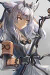  1girl arknights armband black_gloves coat commentary_request dress gloves goggles goggles_around_neck grey_background grey_coat grey_hair highres holding holding_staff long_hair looking_at_viewer orange_eyes owl_ears ptilopsis_(arknights) simple_background solo staff upper_body uutan_(shibainu_kakumei) white_dress 