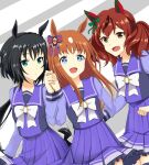  3girls animal_ears bangs black_hair blue_eyes bow bowtie brown_eyes brown_hair closed_mouth commentary_request dutch_angle ear_covers ear_ribbon eyebrows_visible_through_hair frilled_skirt frills girl_sandwich grass_wonder_(umamusume) green_eyes hair_tie holding_hands horse_ears horse_girl horse_tail interlocked_fingers kin&#039;iro_ryotei_(umamusume) kuonkimi long_hair long_sleeves looking_at_viewer low_ponytail medium_hair medium_skirt multiple_girls nice_nature_(umamusume) open_mouth pleated_skirt purple_shirt purple_skirt redhead sandwiched school_uniform shirt skirt smile tail tracen_school_uniform twintails umamusume white_neckwear winter_uniform 