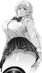  1girl ass blush bow bowtie breasts collared_shirt daraz18aka greyscale highres large_breasts long_hair looking_at_viewer monochrome nakiri_erina school_uniform shirt shokugeki_no_souma simple_background skirt solo thigh-highs thighs wet wet_clothes white_background 