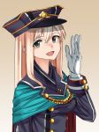  1girl :d alternate_costume bismarck_(kancolle) blonde_hair blue_cape breasts buttons cape double-breasted green_eyes hand_up hat head_tilt kantai_collection long_sleeves looking_at_viewer luicent military military_uniform open_mouth smile solo uniform upper_body yellow_background 